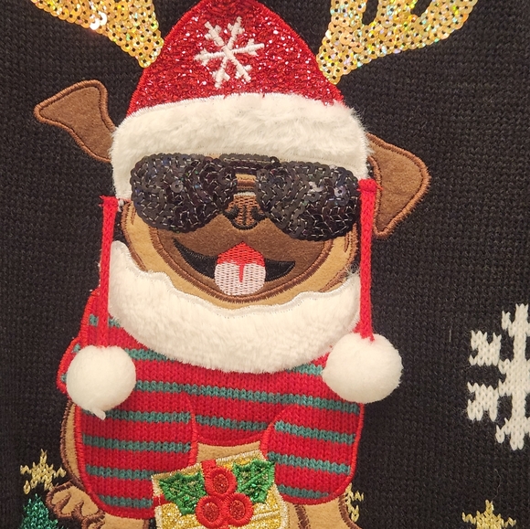 Festive Black Christmas Sweater with Pug With Shades And Reindeer Ears. So FUN!! - Picture 4 of 5